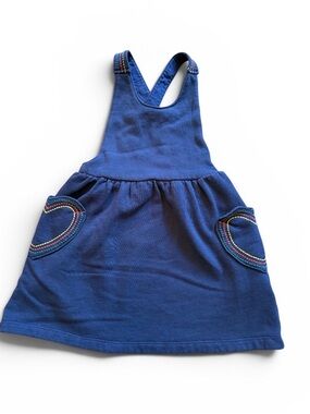 Mini Boden | Navy Pinafore Dress with Rainbow Stitching heart pockets | 4-5 yrs